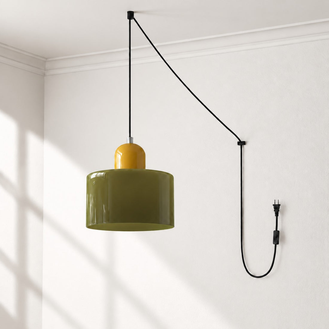 Mid-Century-Makronen-Pendelleuchte mit Stecker und Zugkabel - Bunter Lampenschirm als Hängelampe für die Wohnraumdekoration