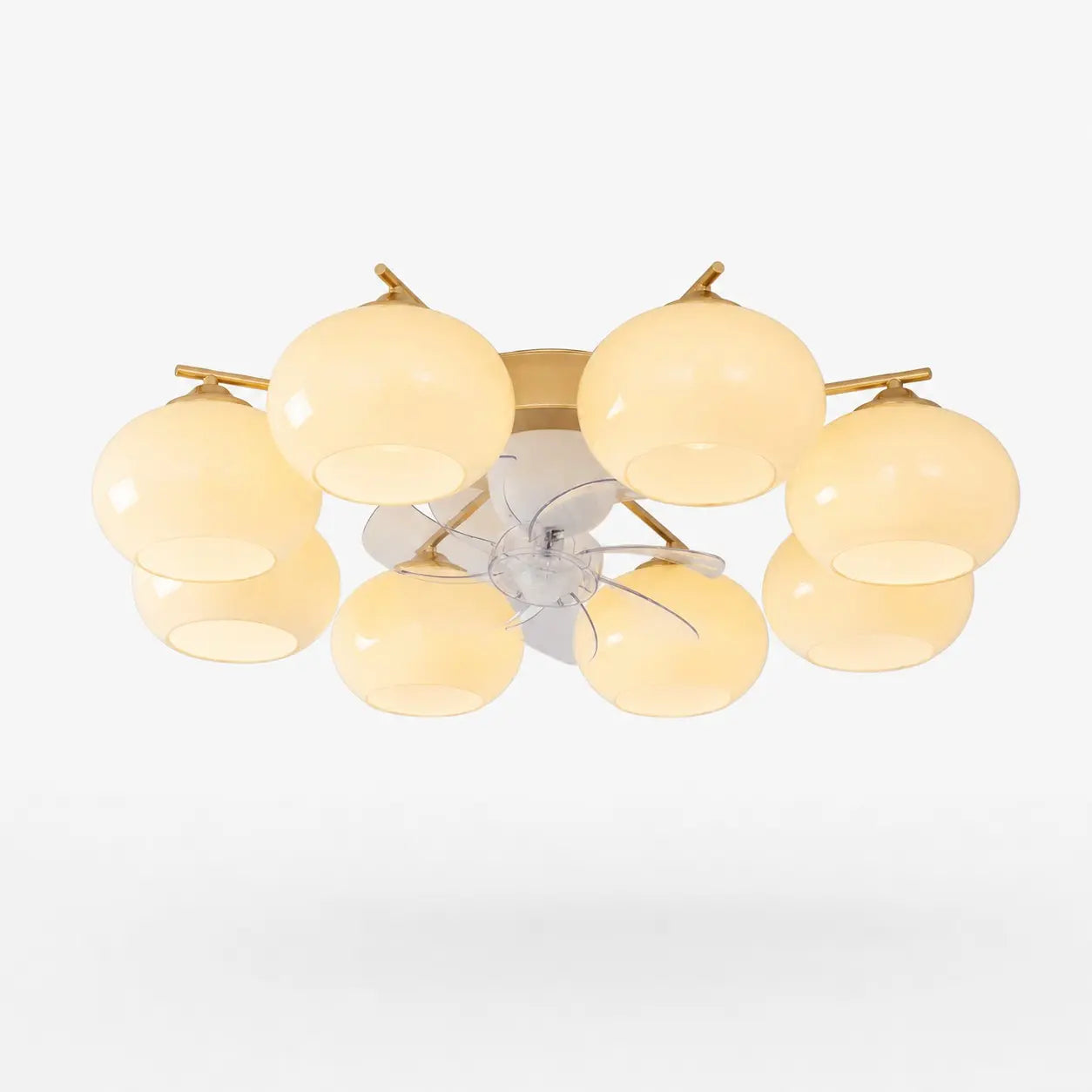 8-light modern gold ceiling fan light with white glass shades