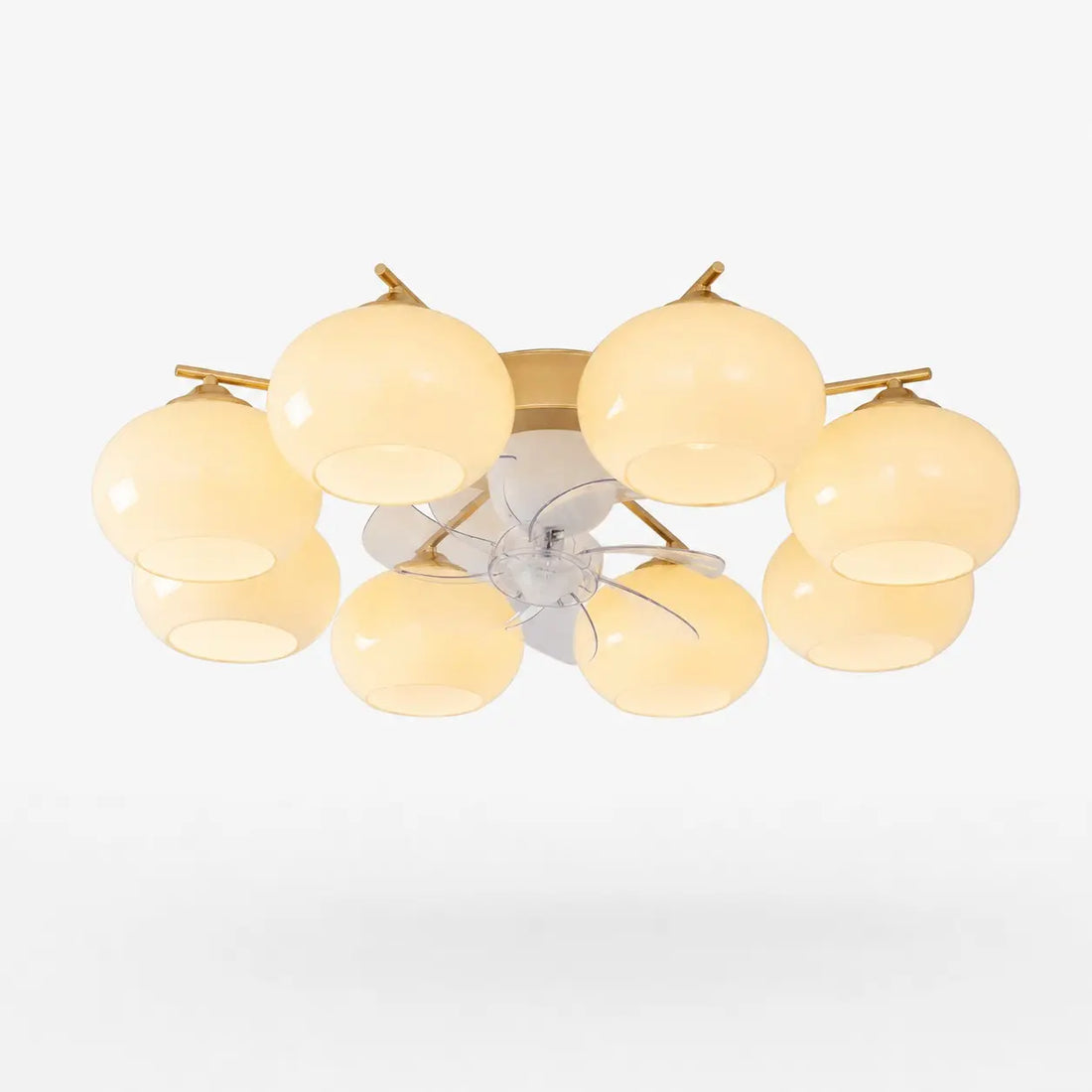 8-light modern gold ceiling fan light with white glass shades