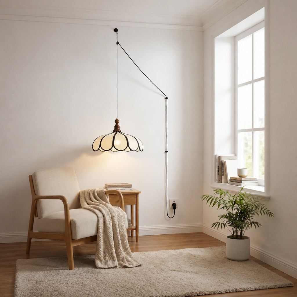Scalloped Abaca Woven Plug-In Swag Pendant