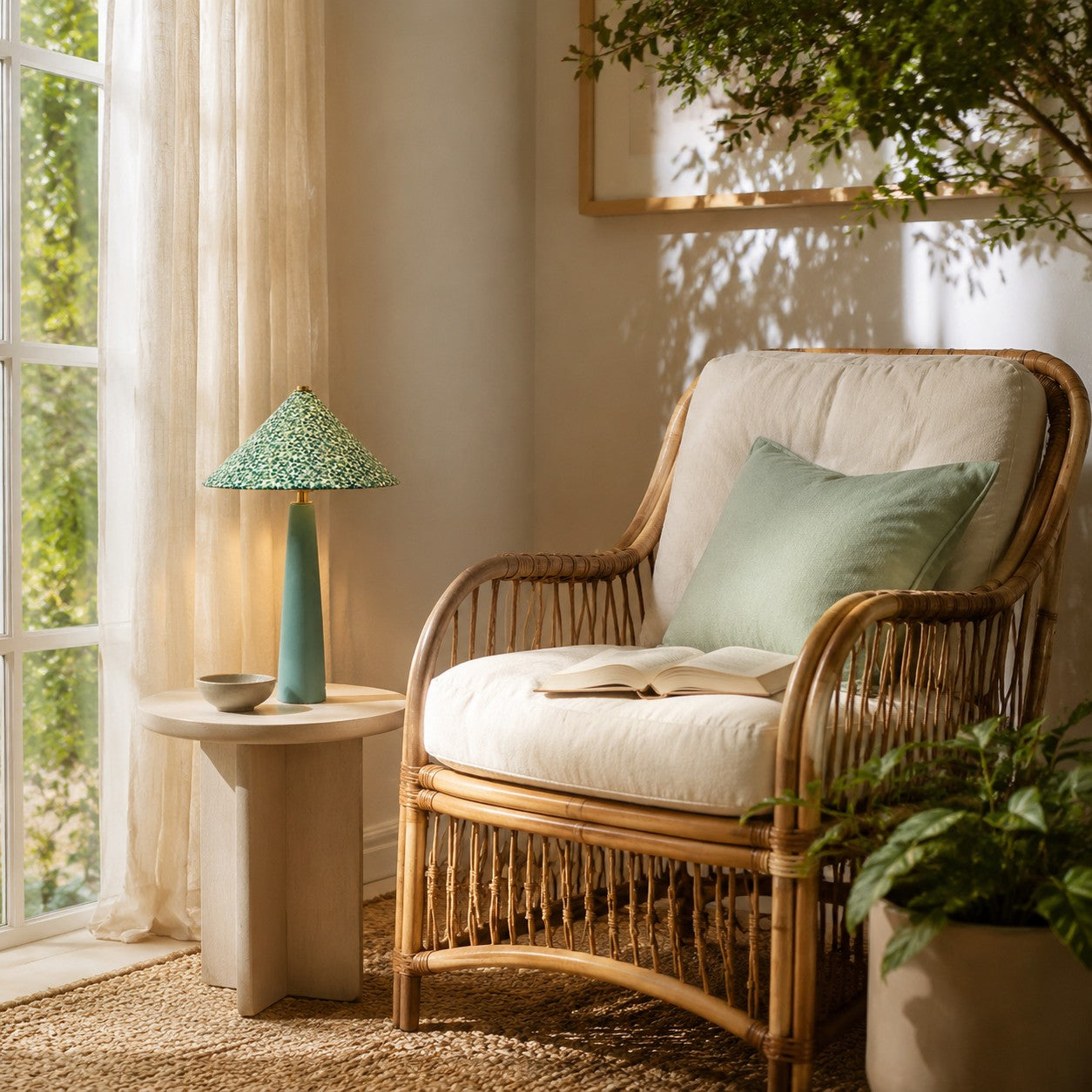 Liberty floral table lamp in a reading corner