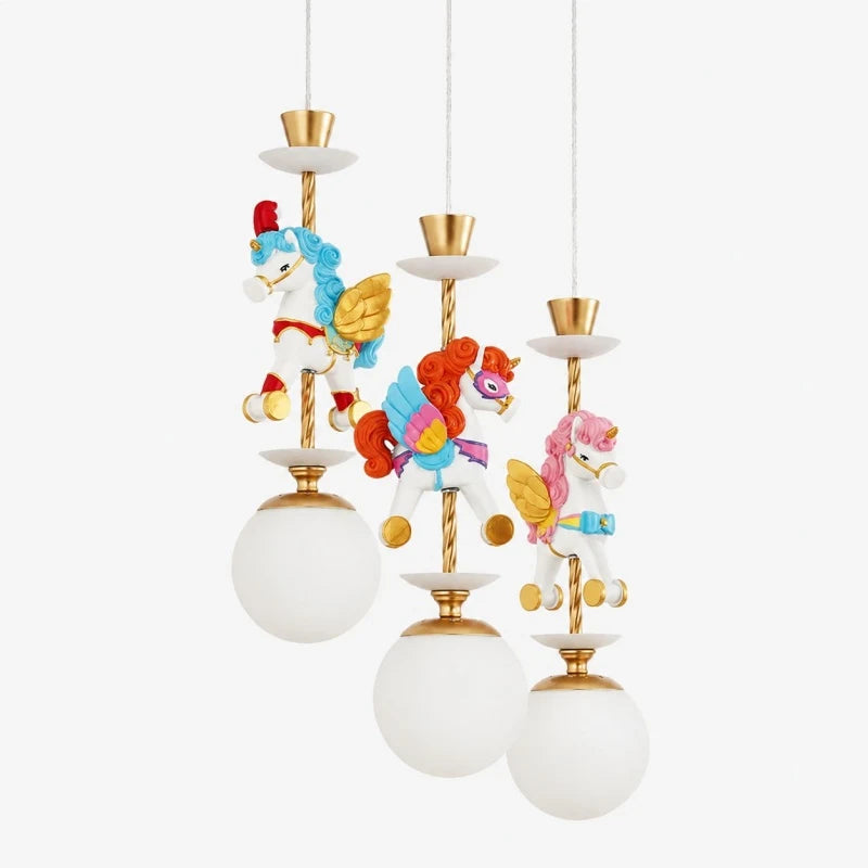 Three light unicorn chandelier with blue and red horse details