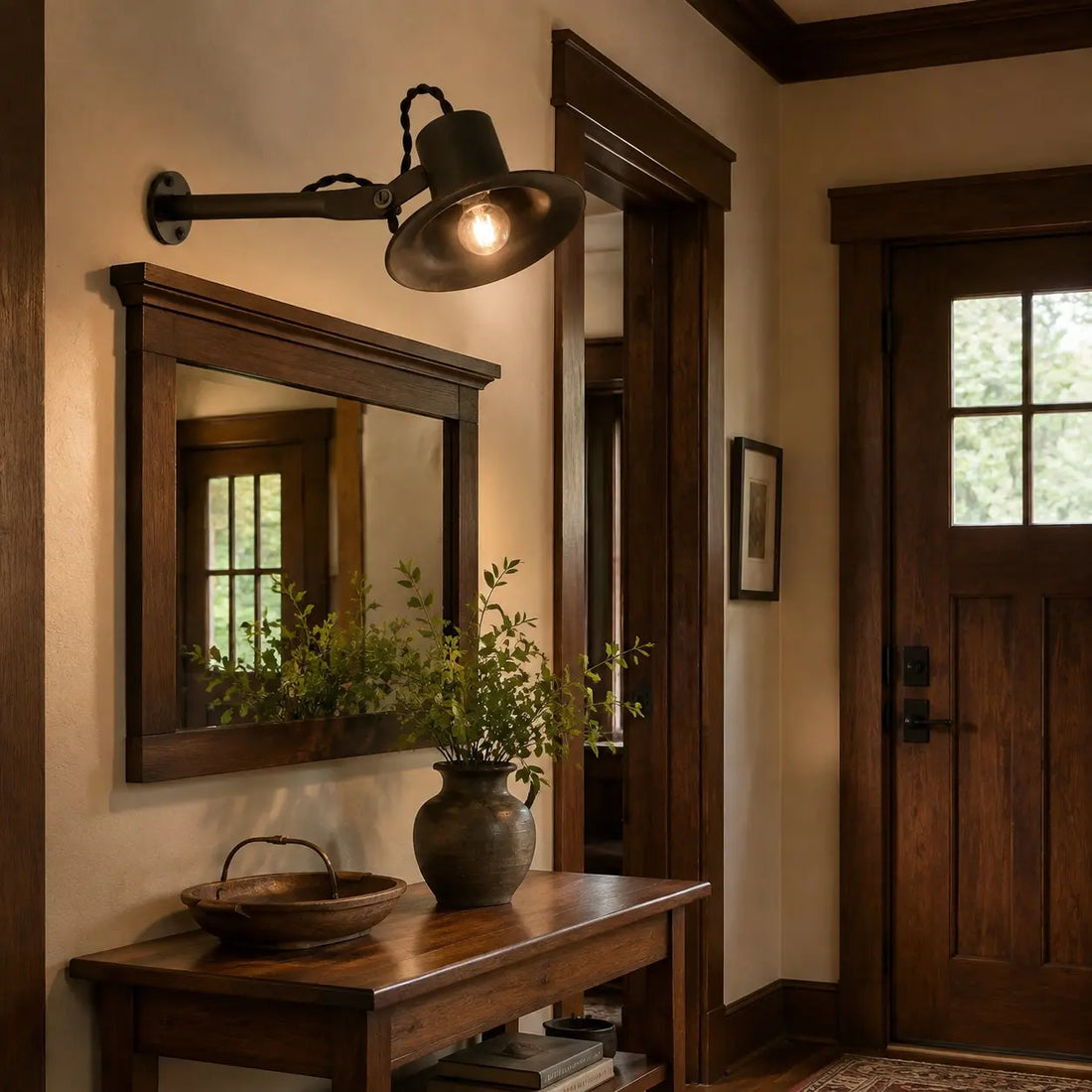 Matte black wall light in an entryway