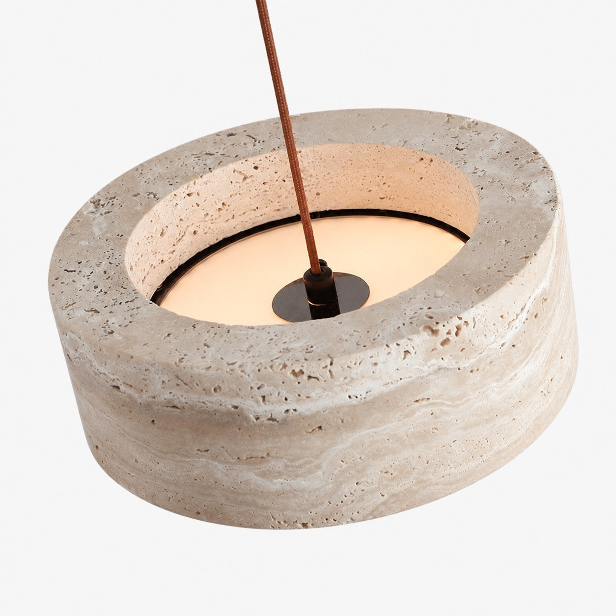Yellow travertine LED pendant shade and suspension detail