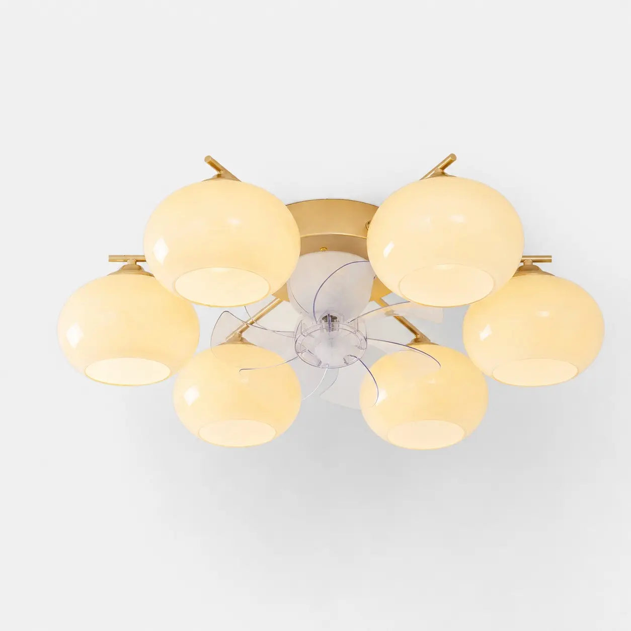 6-light modern gold ceiling fan light with white glass shades