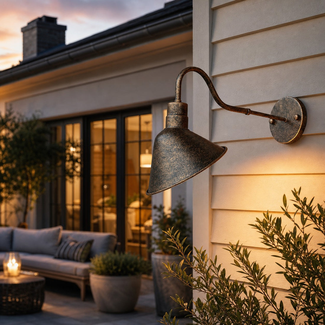 Antique brass outdoor wall sconce installed beside a patio seating area