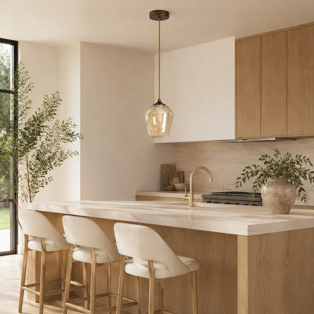 Amber glass pendant light above a kitchen island
