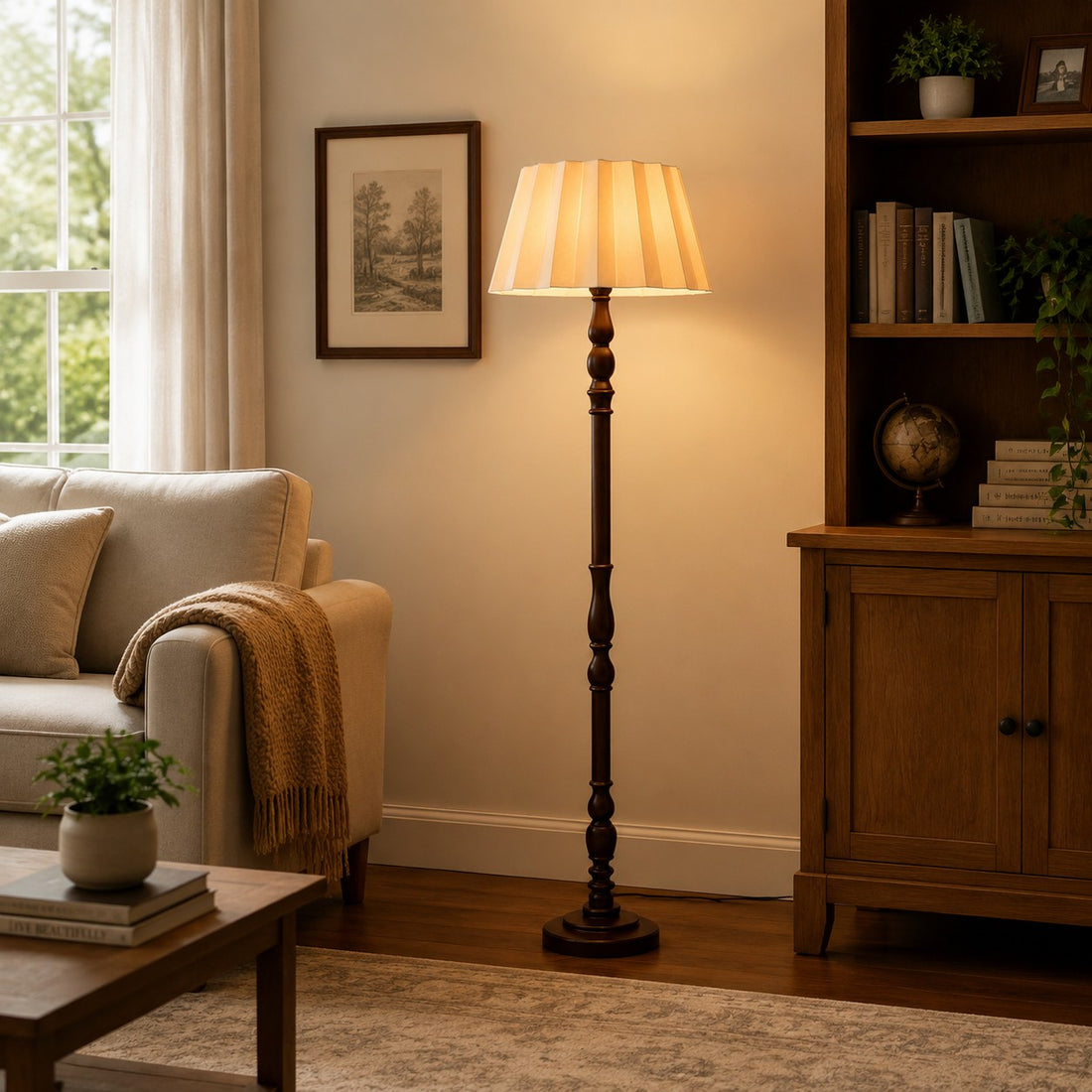 Vintage Fabric Shade Floor Lamp with Turned Wood Base