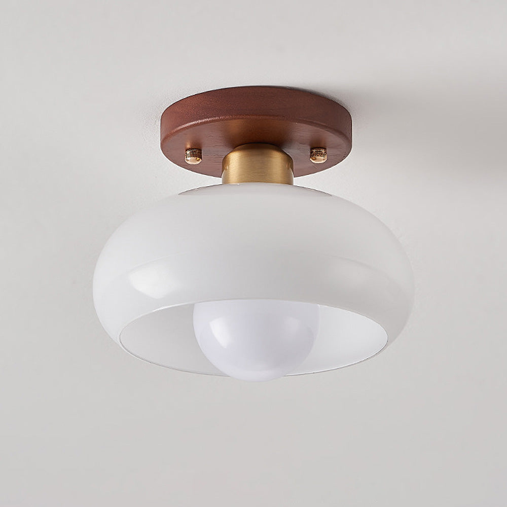 Cream Glass Ceiling Light - Vintage Bauhaus Walnut Lamp for Hallway