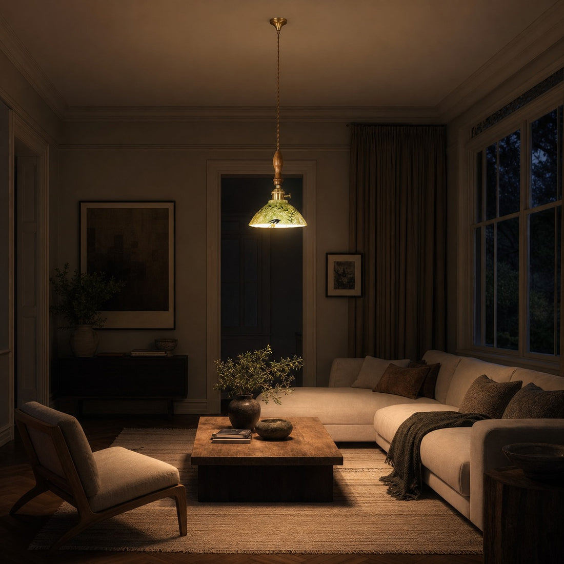 Botanical Glazed Ceramic Pendant Light with Brass-Tone Hardware - in a warm living room