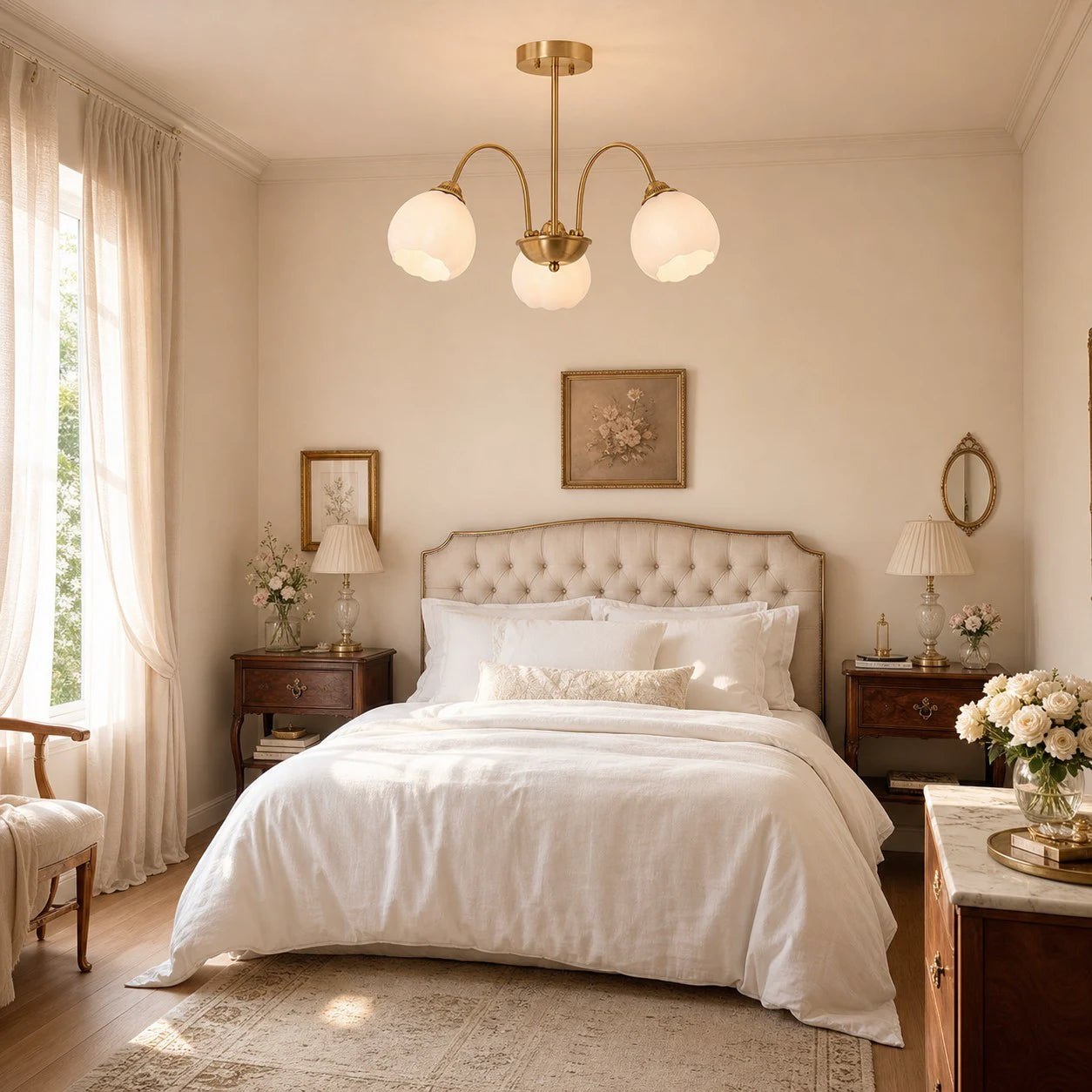 Three-arm chandelier in a bedroom