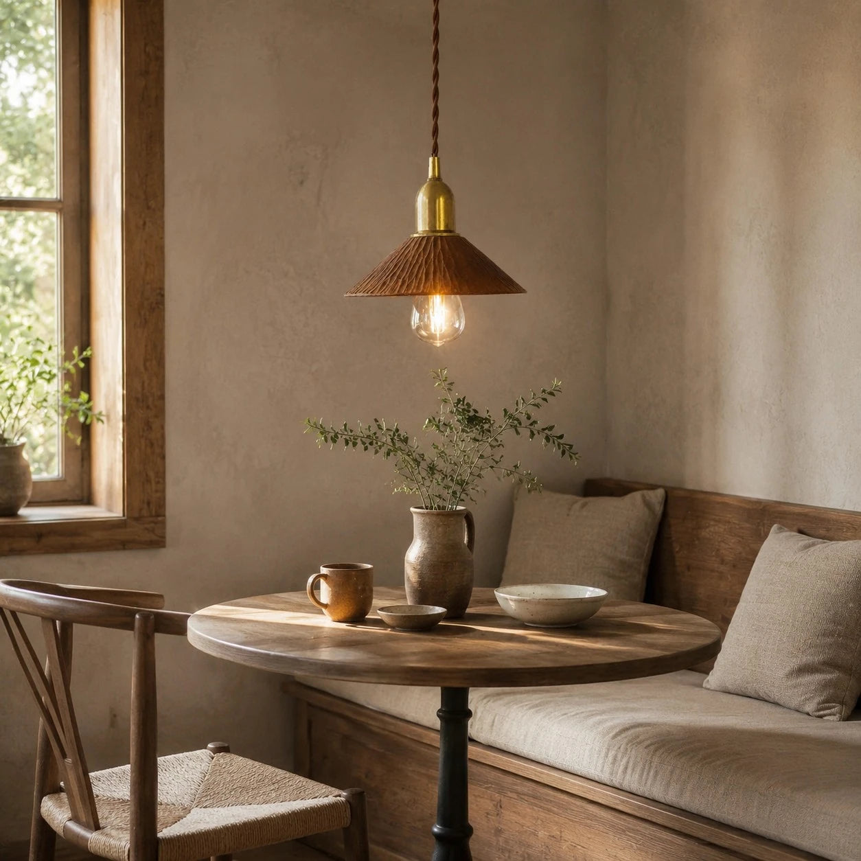 Cherry wood pendant light above a compact dining nook