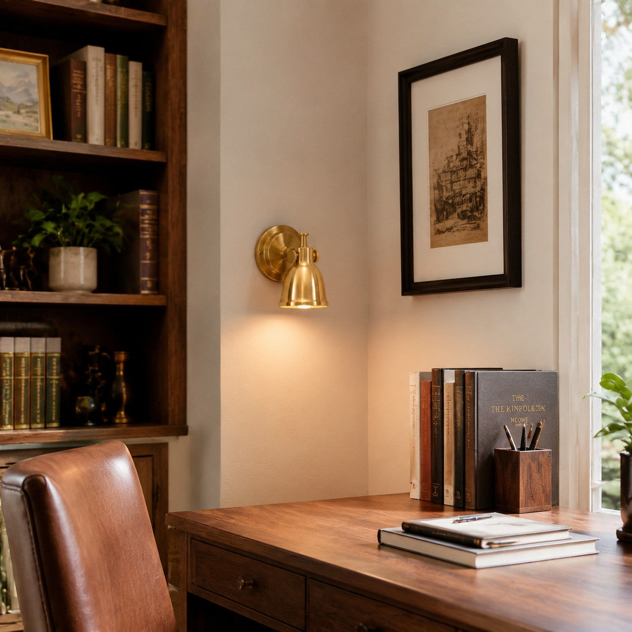 Brass wall lamp installed in a warm interior