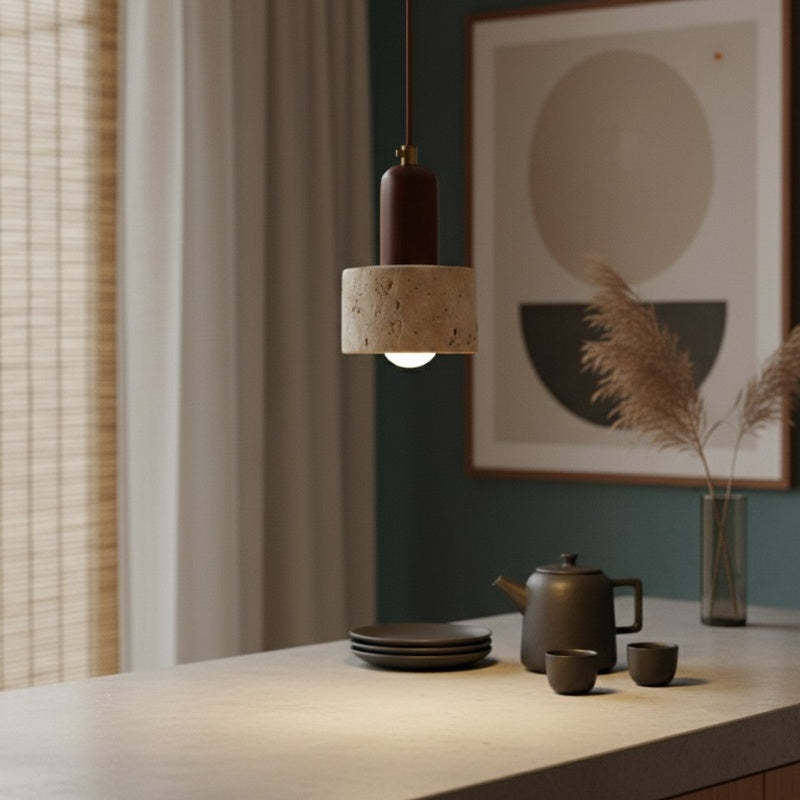 WabiLum Minimalist Japanese Travertine Wood Pendant Light - Elegant Home Lighting for Bedroom