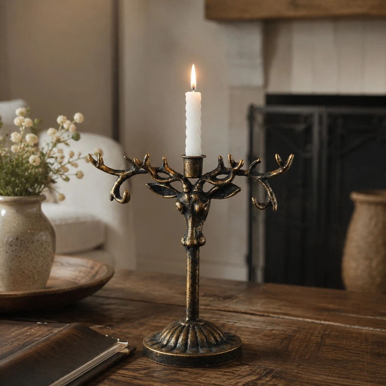 Vintage deer head iron candle holder