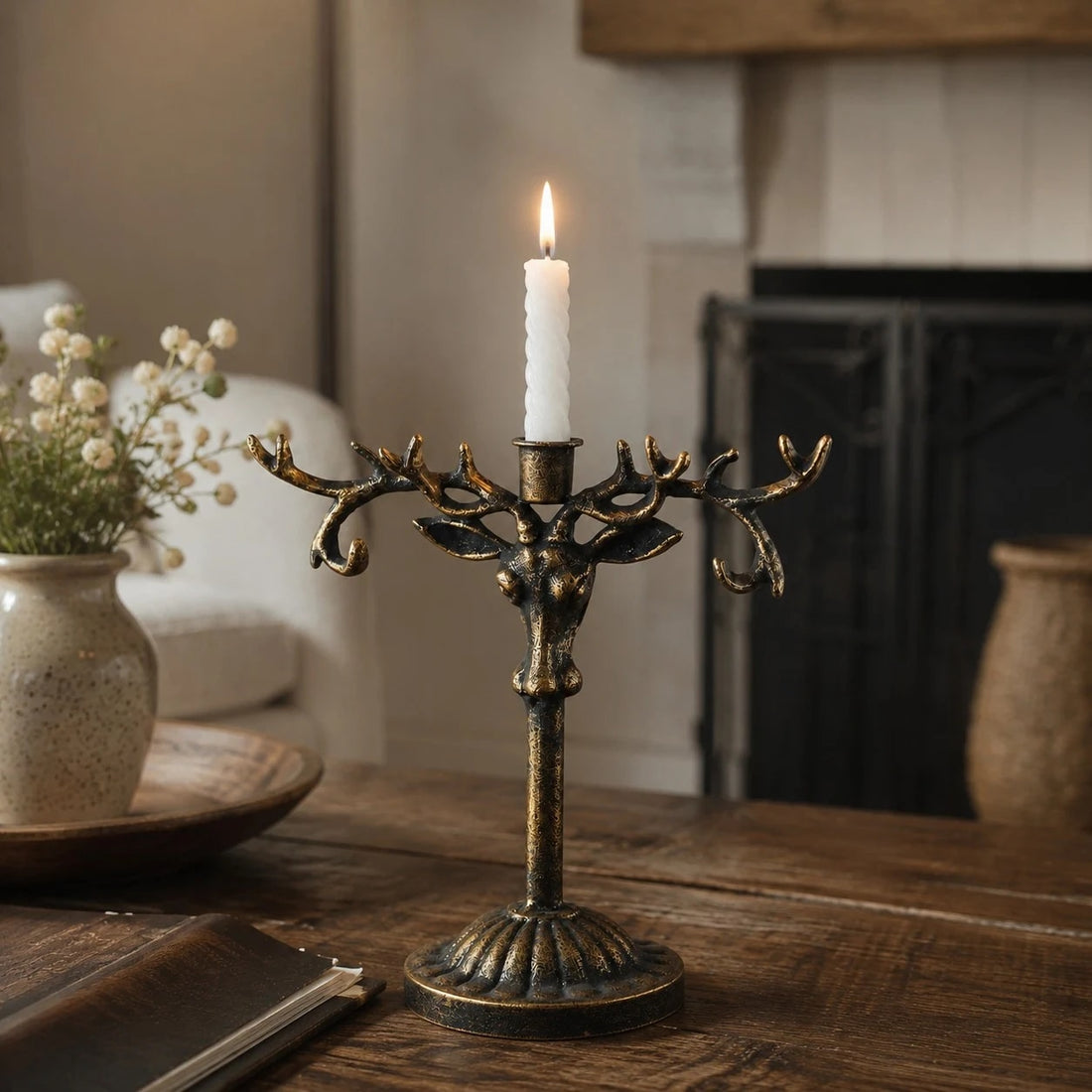 Vintage deer head iron candle holder