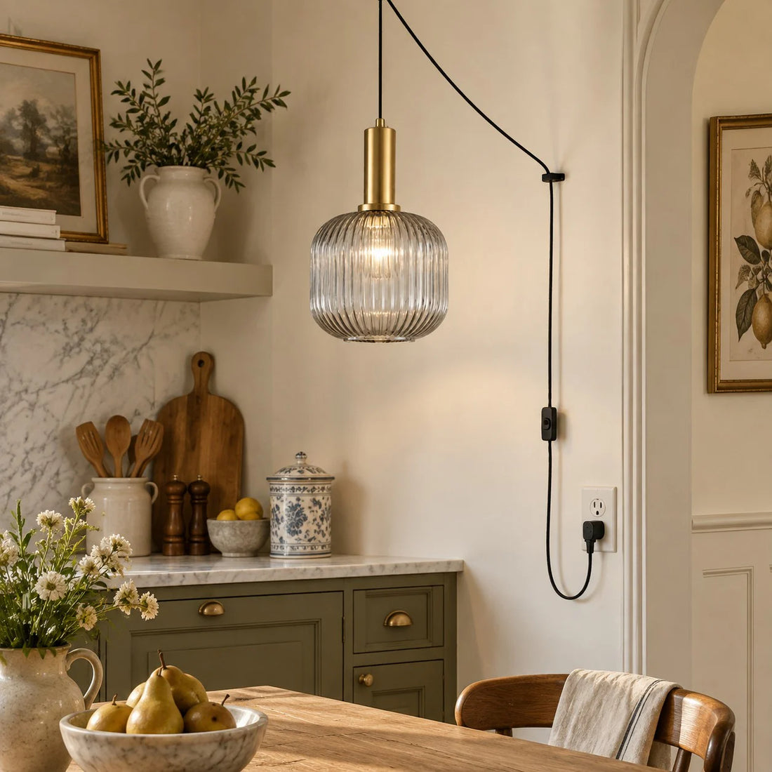 Retro ribbed glass plug-in pendant light in a home interior