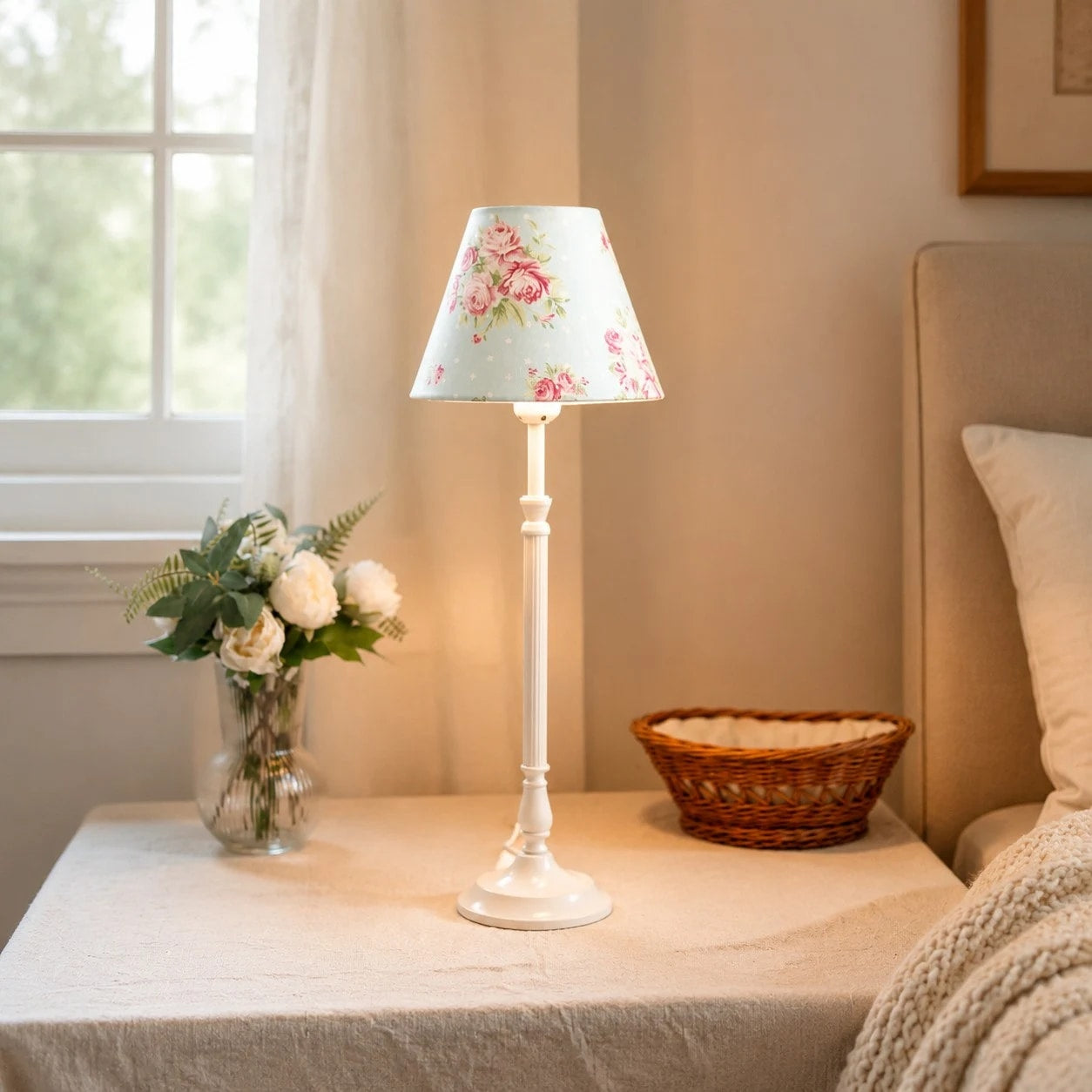 Blue floral French country table lamp on a side table