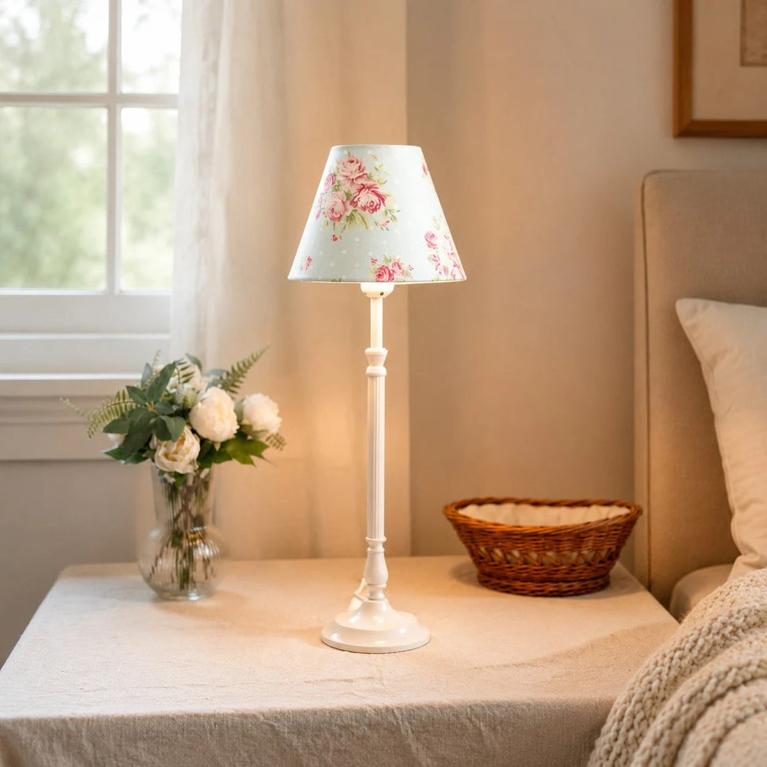 Blue floral French country table lamp on a side table