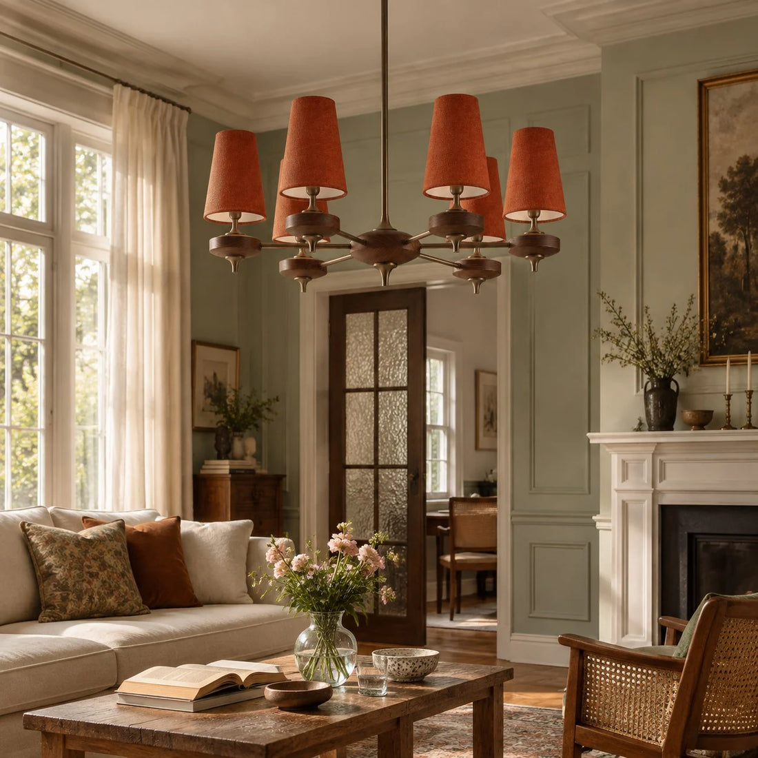 6-light Hour Rho chandelier in red velvet styled in a warm interior