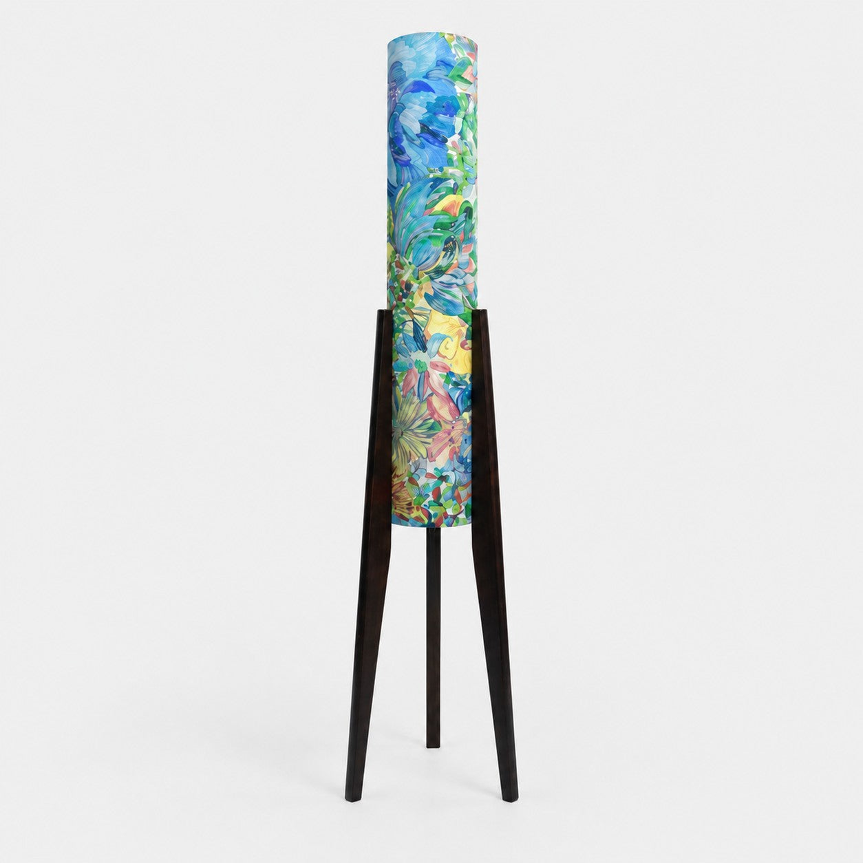 Blue botanical Liberty fabric tripod floor lamp with dark wood frame