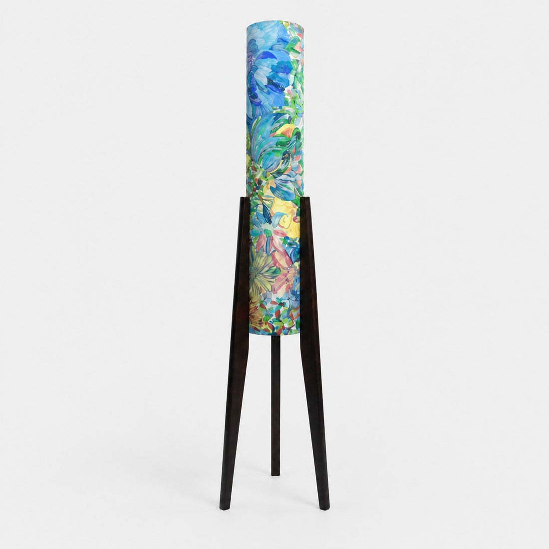 Blue botanical Liberty fabric tripod floor lamp with dark wood frame