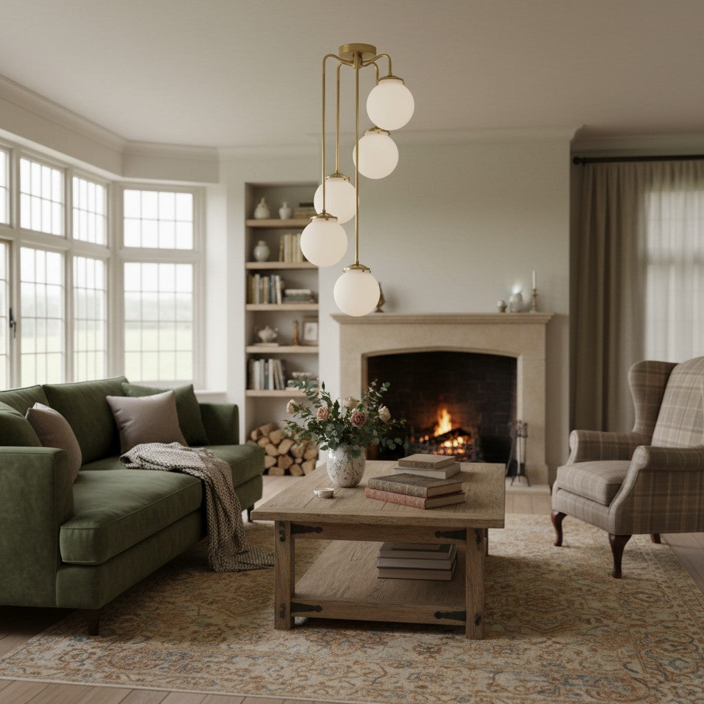 Glorica Glass 5 Globe Chandelier - Brass and Opal Glass Vintage Pendant Light
