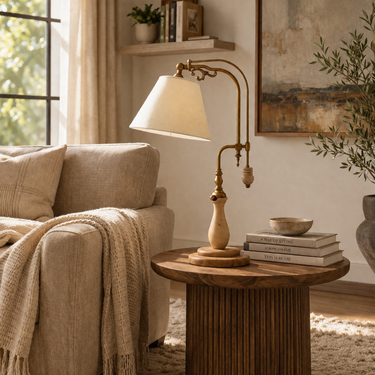 Beige Fabric vintage wood and brass-tone table lamp