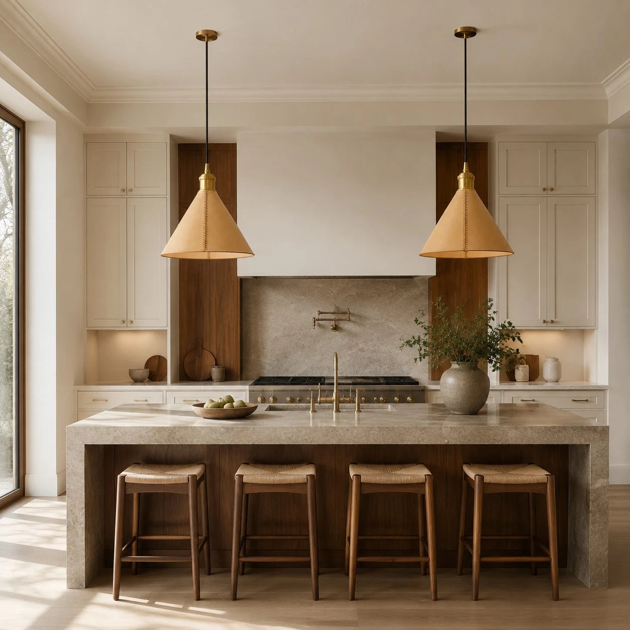 Leather cone pendant lights over a kitchen counter