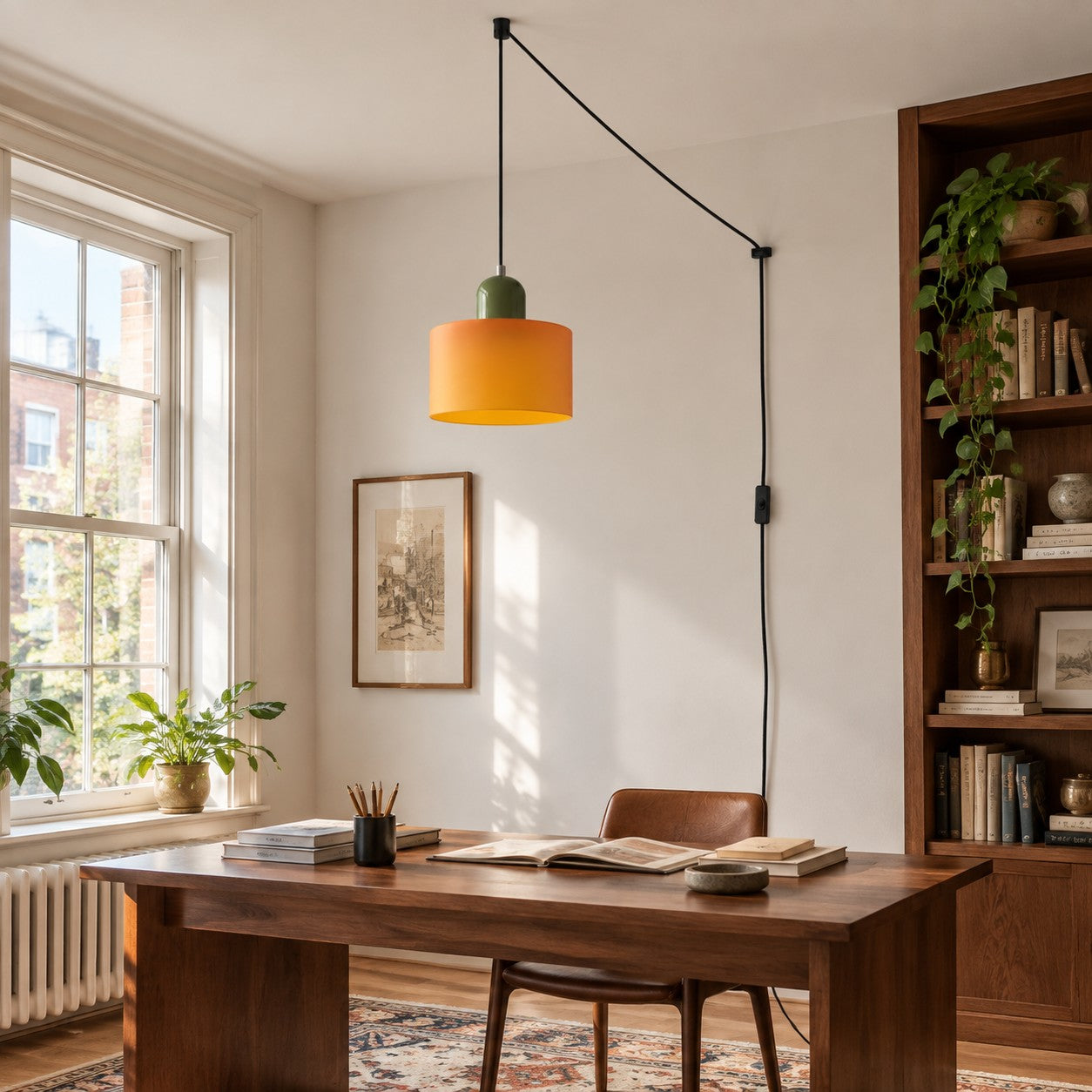 Mid-Century-Makronen-Pendelleuchte mit Stecker und Zugkabel - Bunter Lampenschirm als Hängelampe für die Wohnraumdekoration