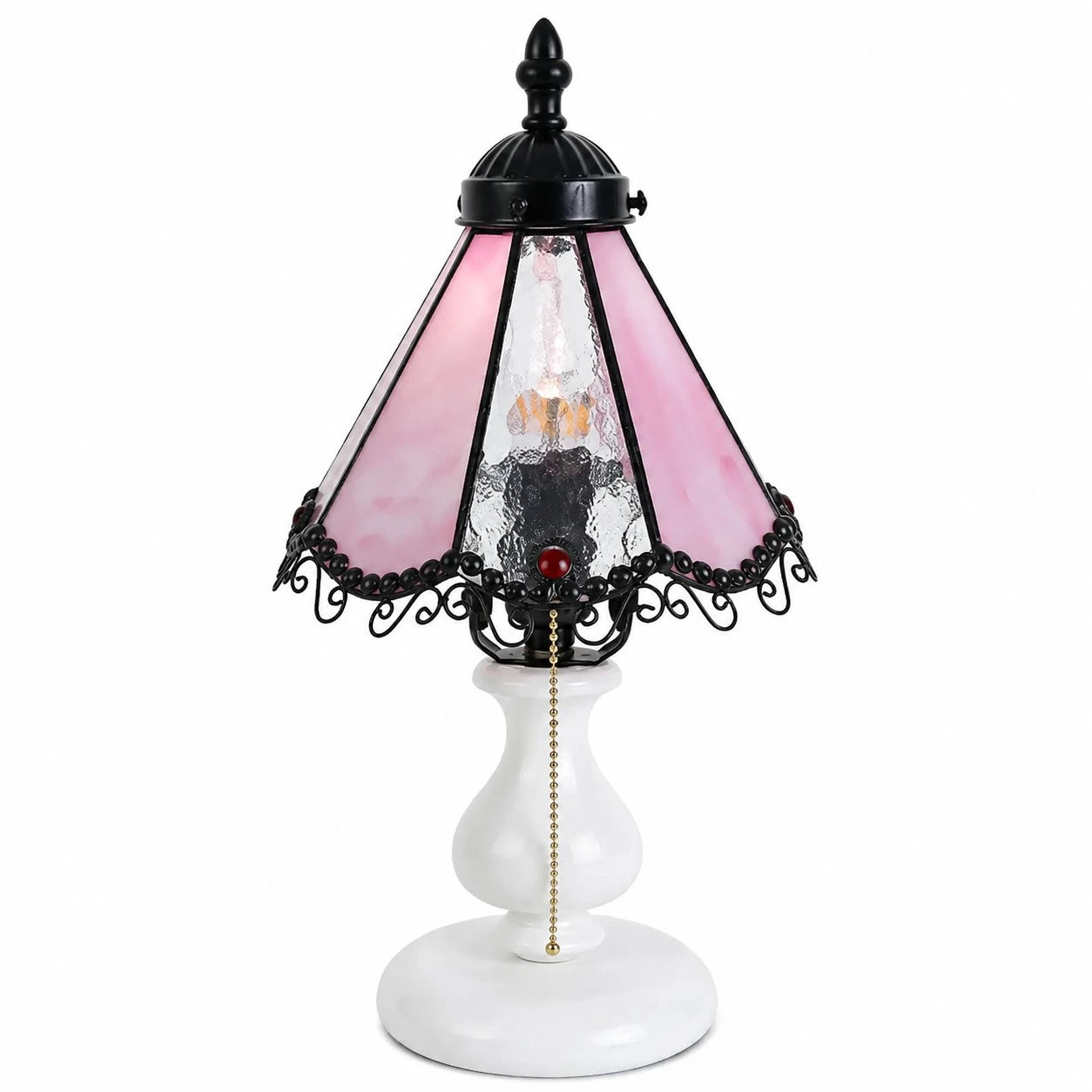 Cherry blossom pink vintage stained glass table lamp on a white background