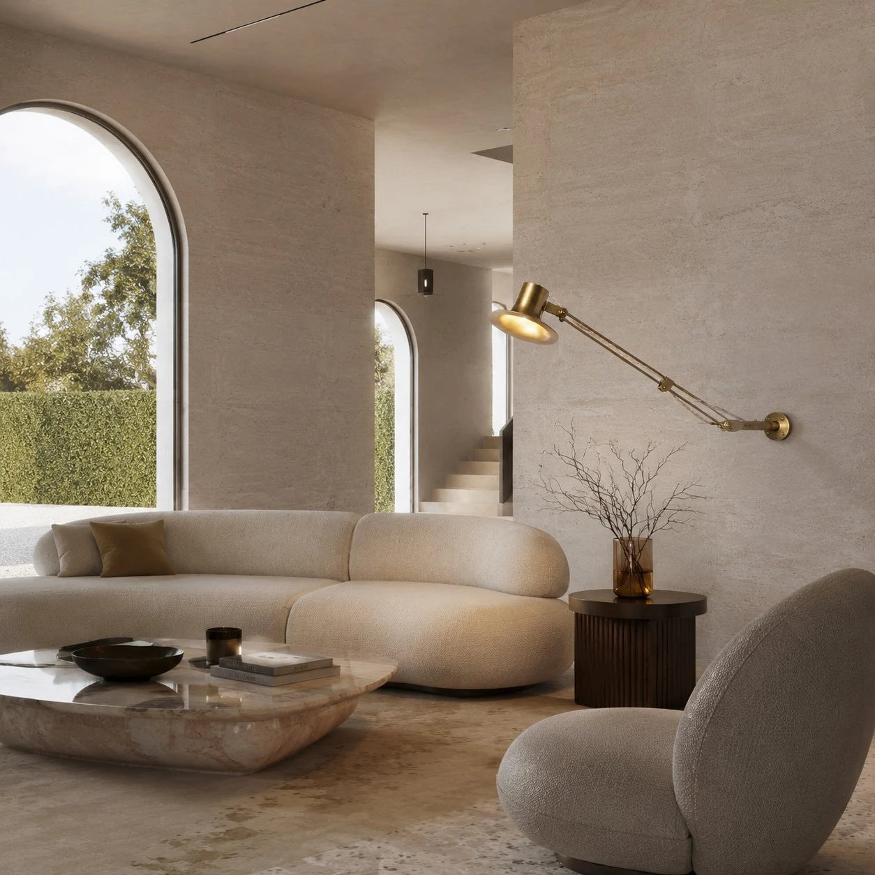 Satin Brass folding wall lamp in a modern living room