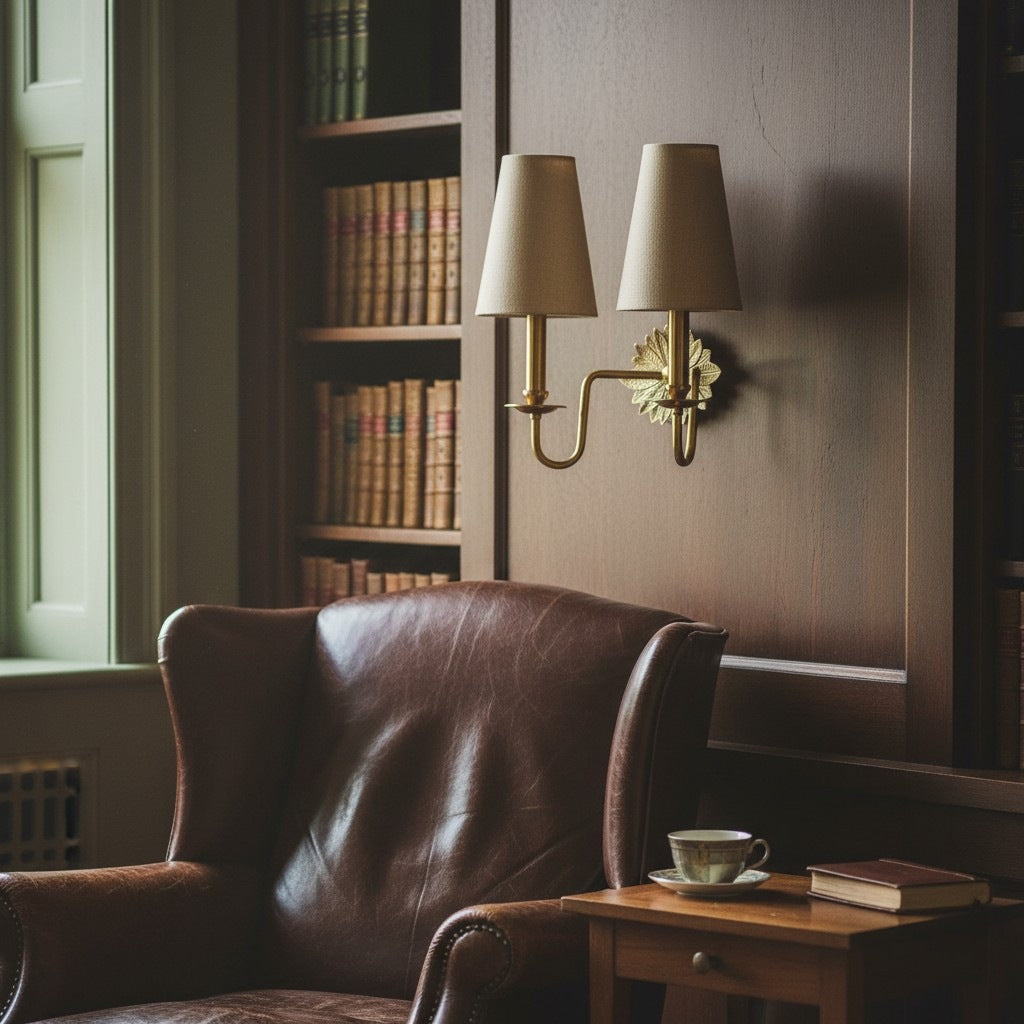 Duova Double Sconce – Antique Brass Metal and Linen Shades for Bedroom or Study