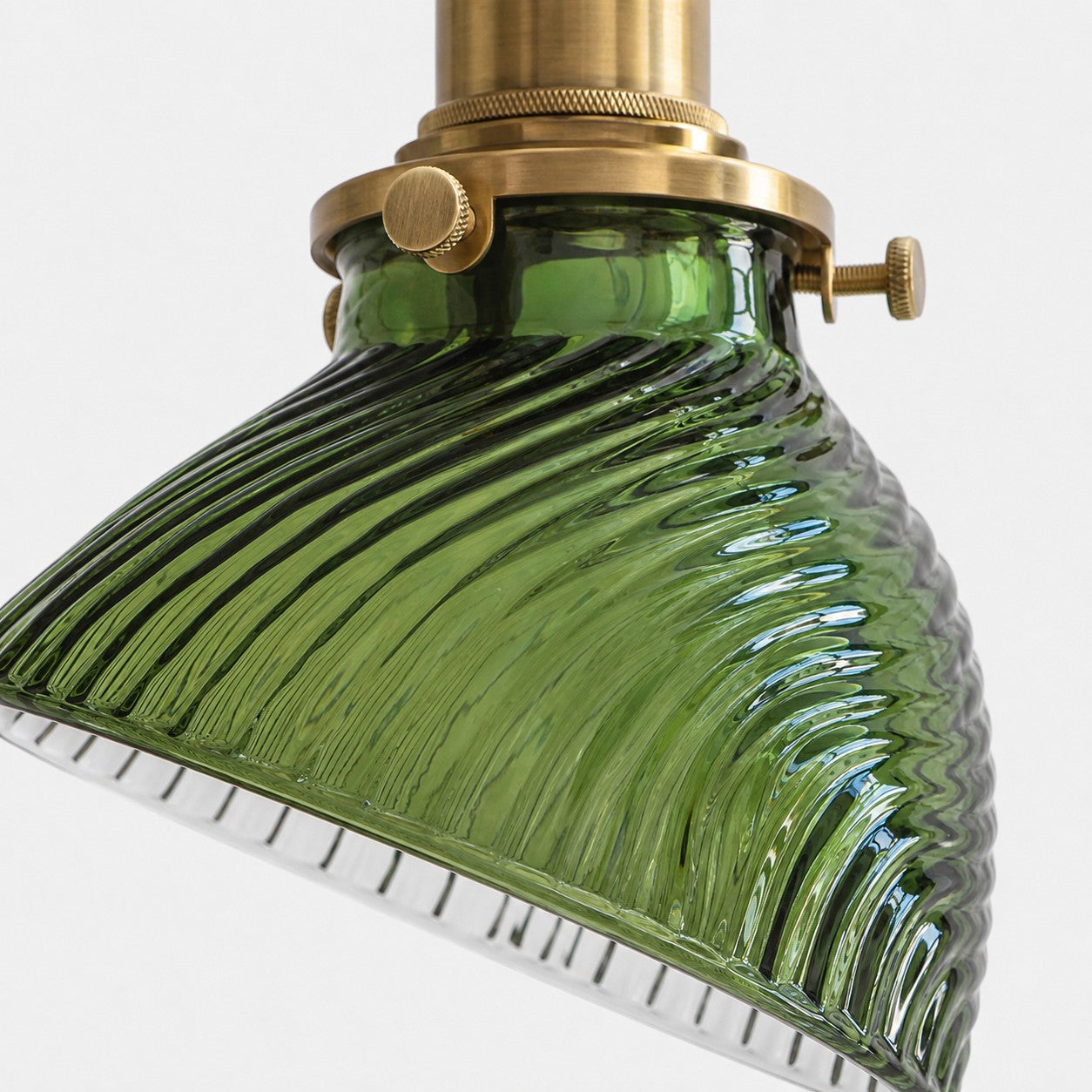 Close view of emerald green ribbed glass shade