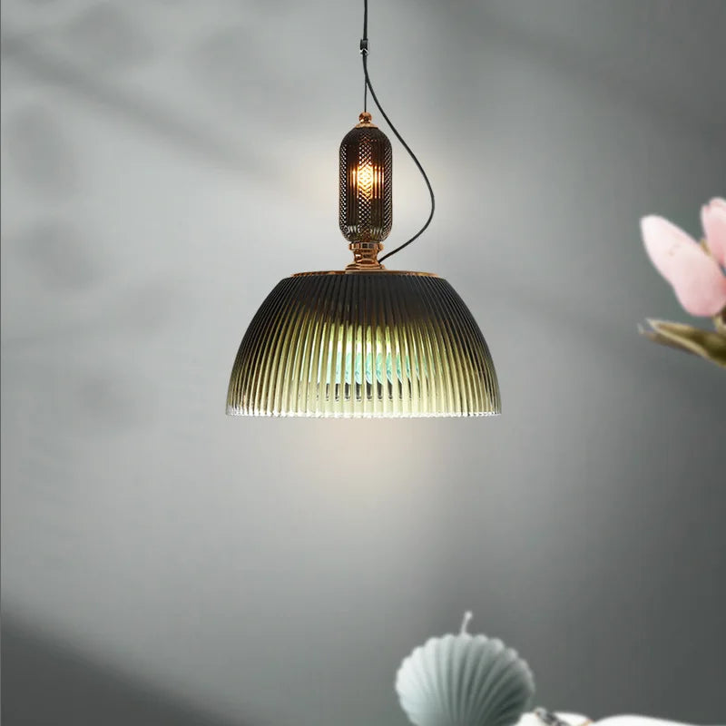 Green Glass Pendant Light - Vintage Striped Lamp for Kitchen Island