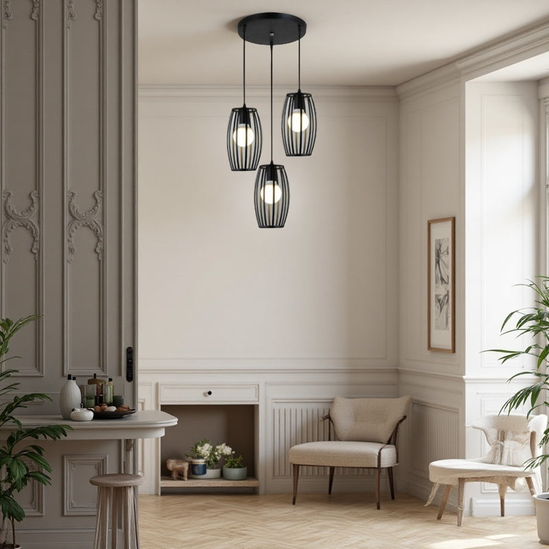 Striped Iron Drum Industrial Black Pendant Light