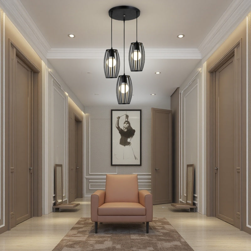 Striped Iron Drum Industrial Black Pendant Light