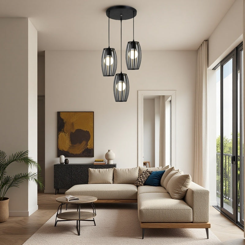 Striped Iron Drum Industrial Black Pendant Light