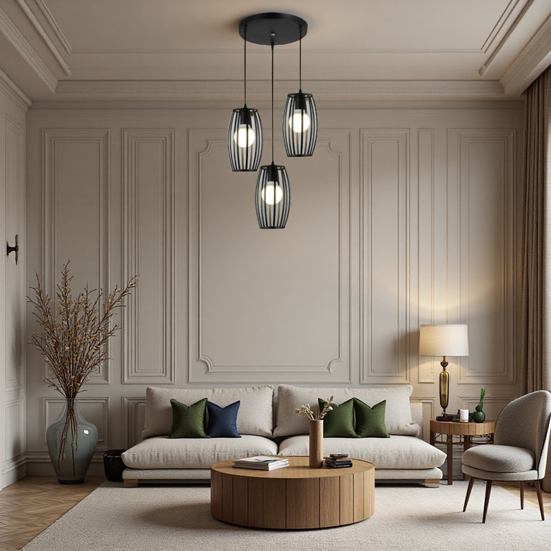 Striped Iron Drum Industrial Black Pendant Light