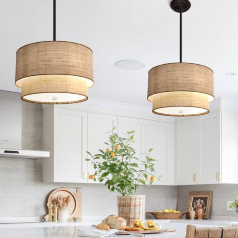 Doppeltrommelförmige Stoff-Pendelleuchte