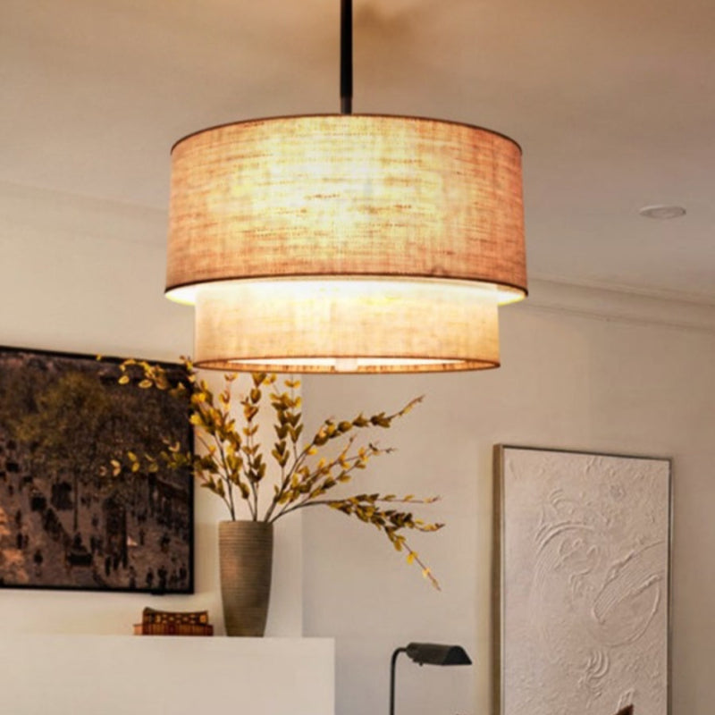 Doppeltrommelförmige Stoff-Pendelleuchte