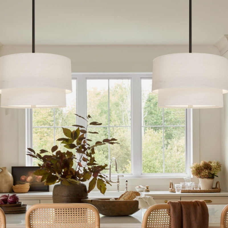 Doppeltrommelförmige Stoff-Pendelleuchte