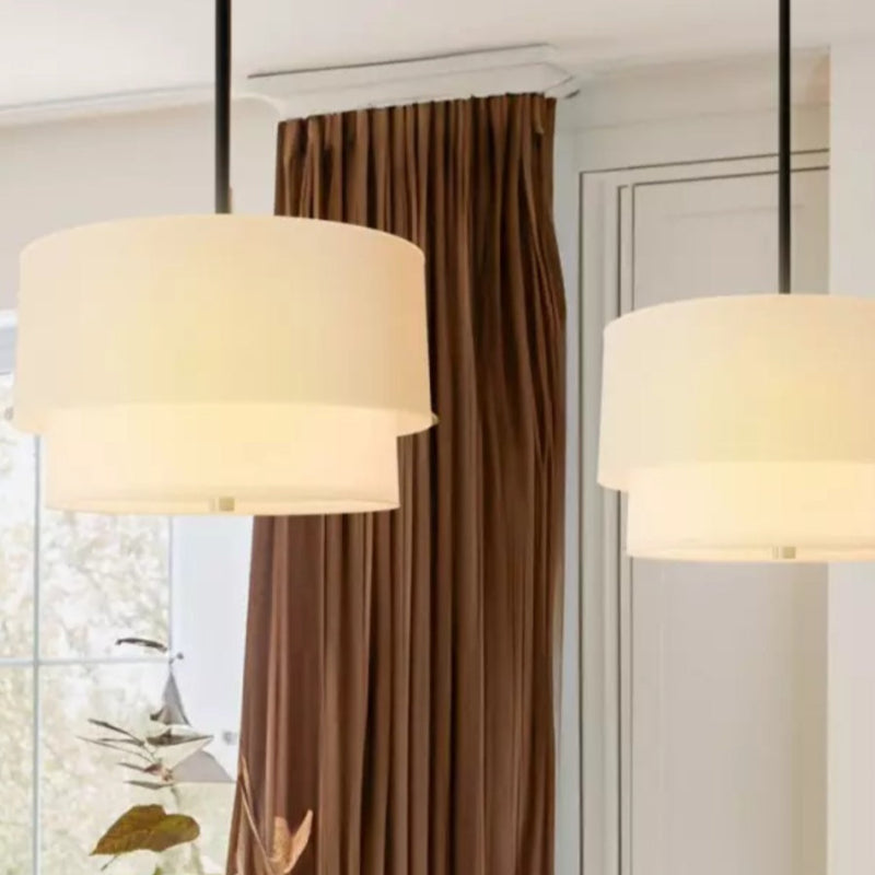 Doppeltrommelförmige Stoff-Pendelleuchte