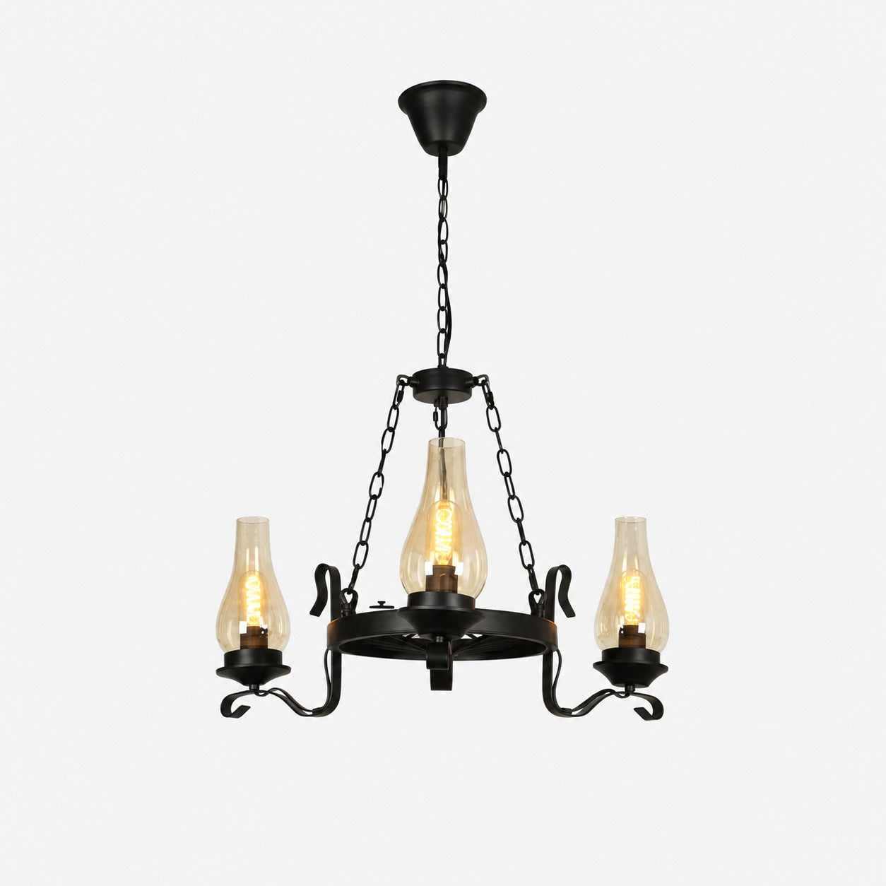Three-light black iron chandelier with clear hurricane glass shades