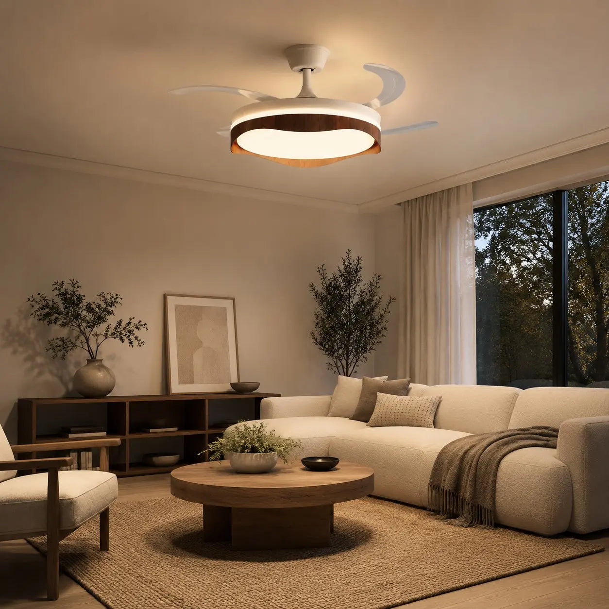 Ceiling fan light in an evening living room