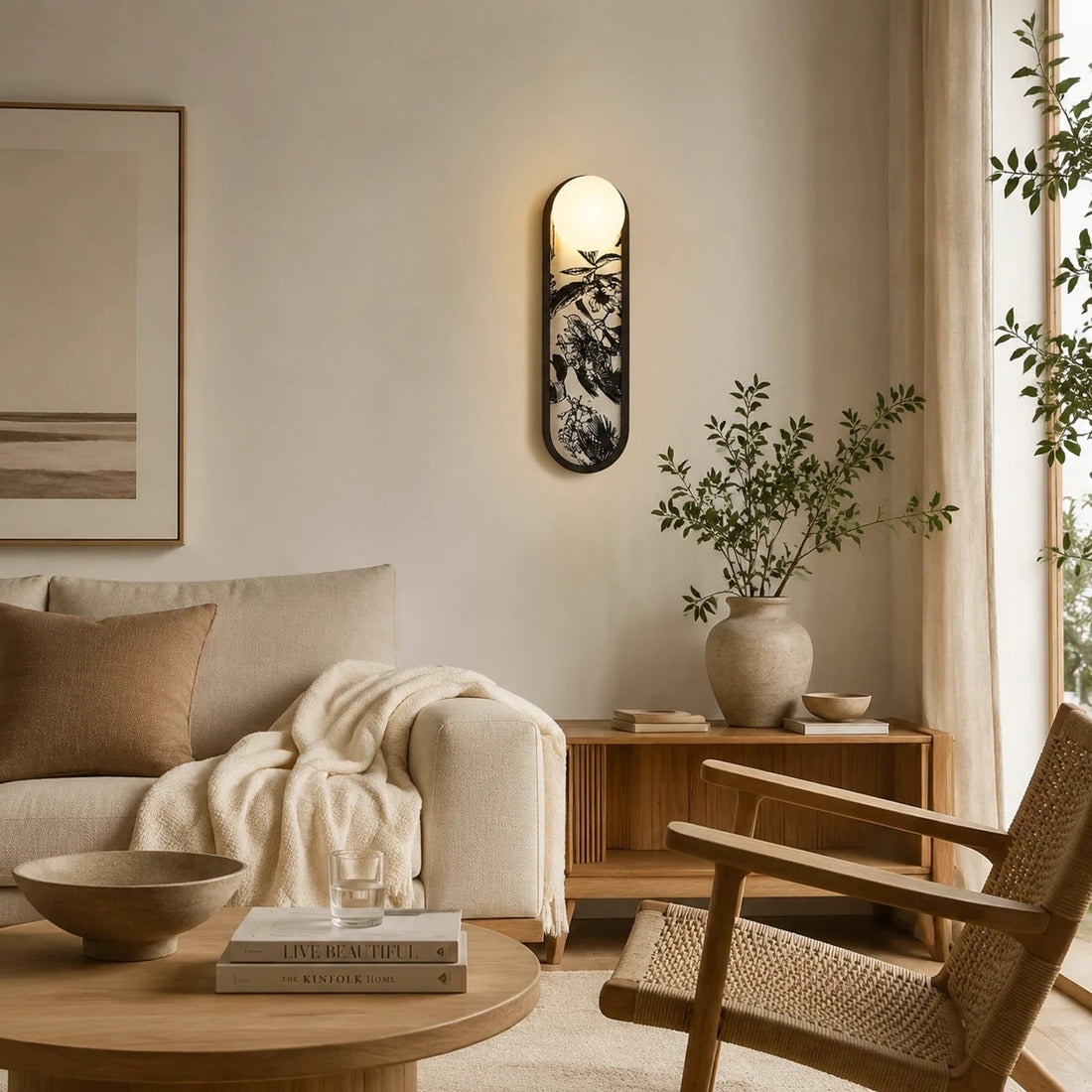 Decorative fabric wall sconce in a soft lounge setting