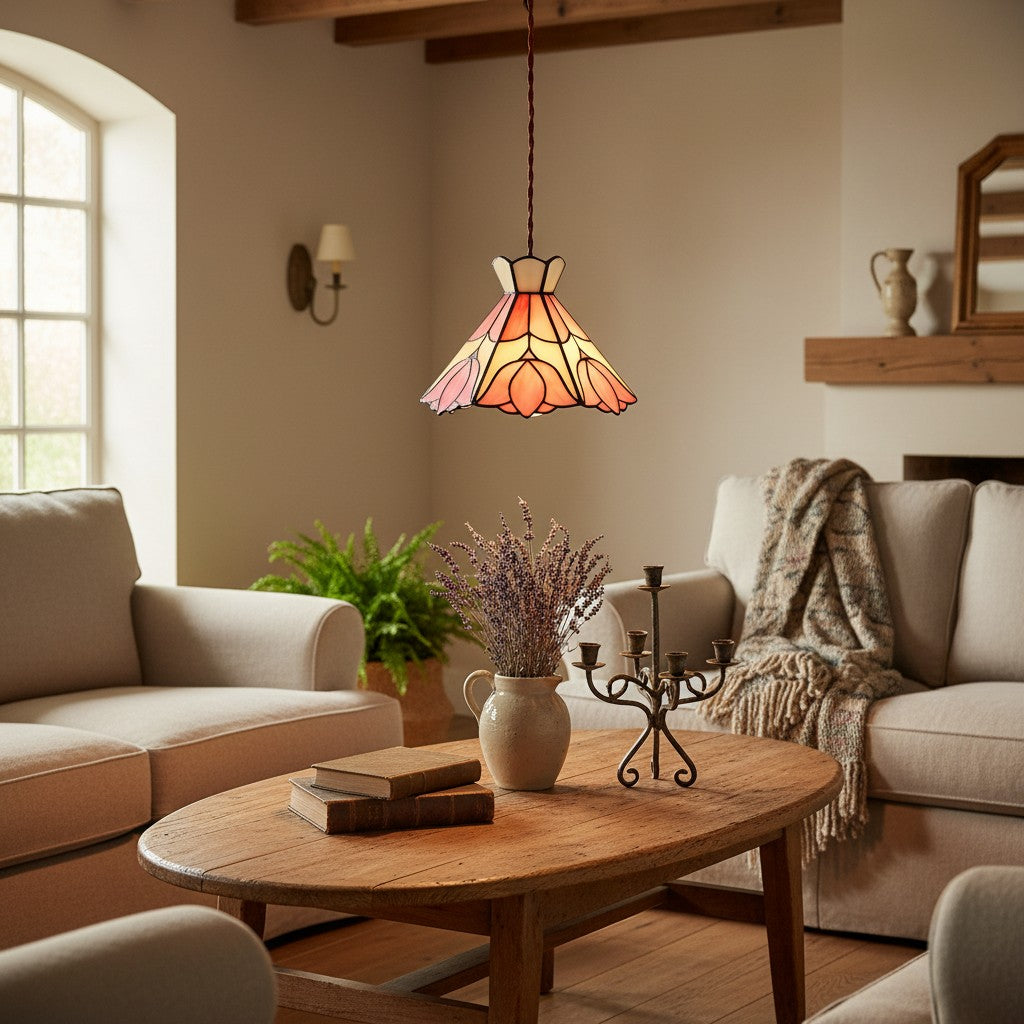 Sevra Floral Stained Glass Pendant Light Tiffany Inspired Hanging Ceiling Lamp for Living Room