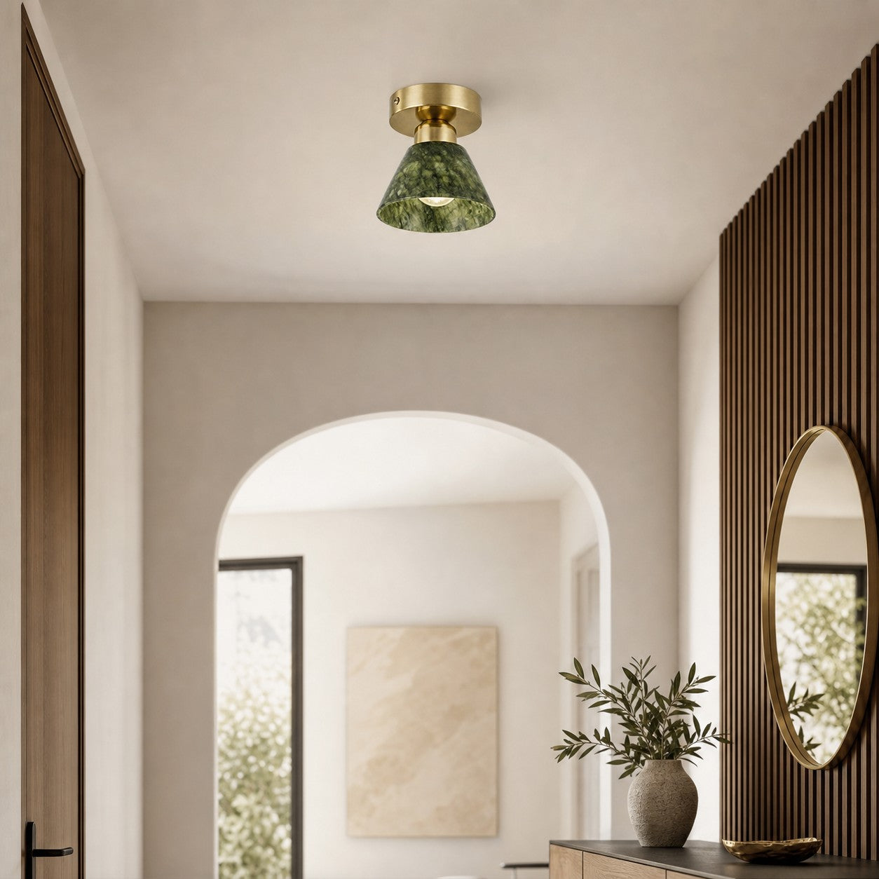 Green Jade and Brushed Brass Flush Mount Ceiling Light