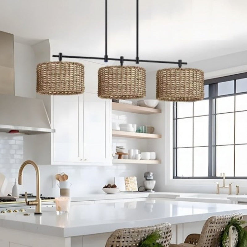 3 Light Handwoven Drum Farmhouse Pendant Light