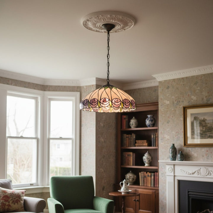 TF Hutchinson Tiffany Glass Pendant Light with Artistic Mosaic Design for Dining and Living Spaces